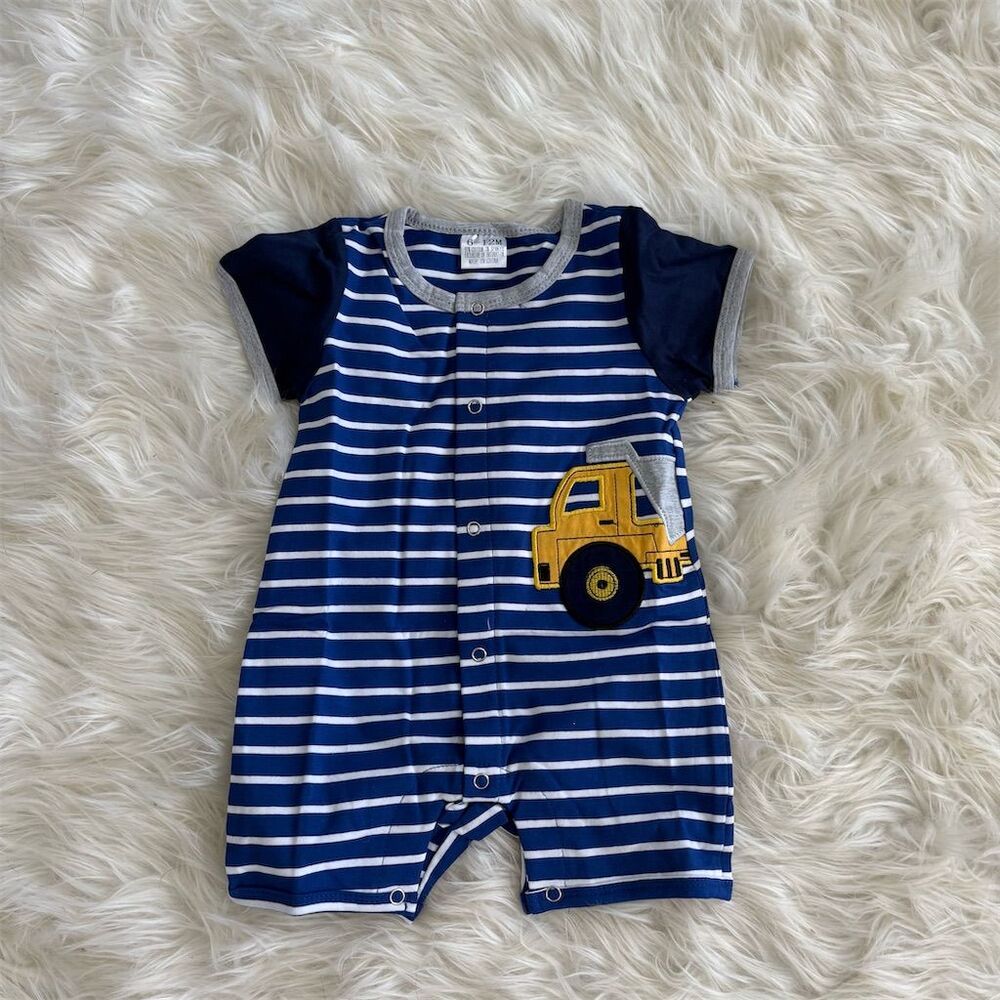 Baby Boy Blue Stripe Truck Romper‎ 6-12 mth NEW
